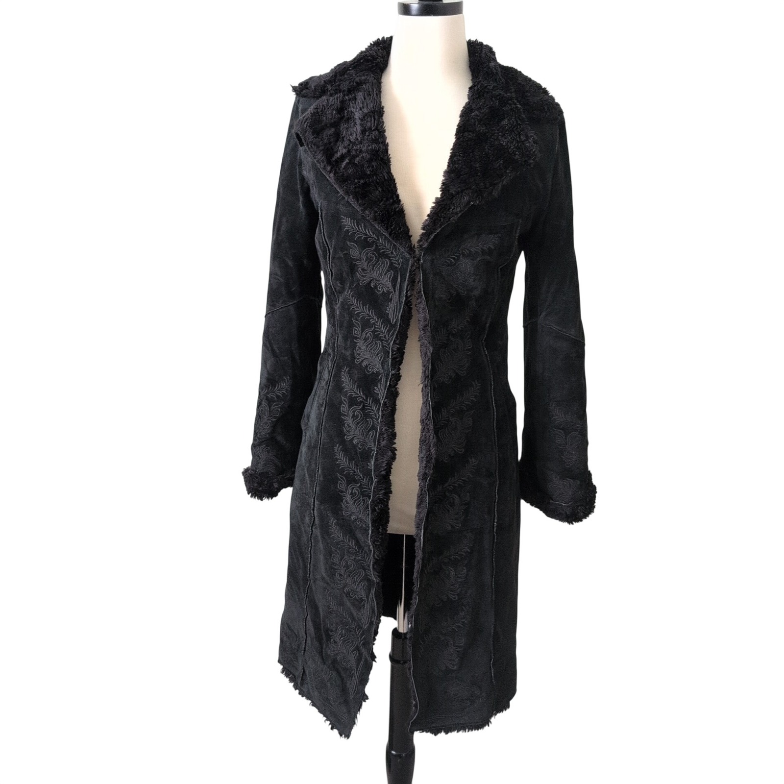 Vintage Y2k Black Suede Afghan Penny Lane Coat Embroidered Fur Longline Jacket S